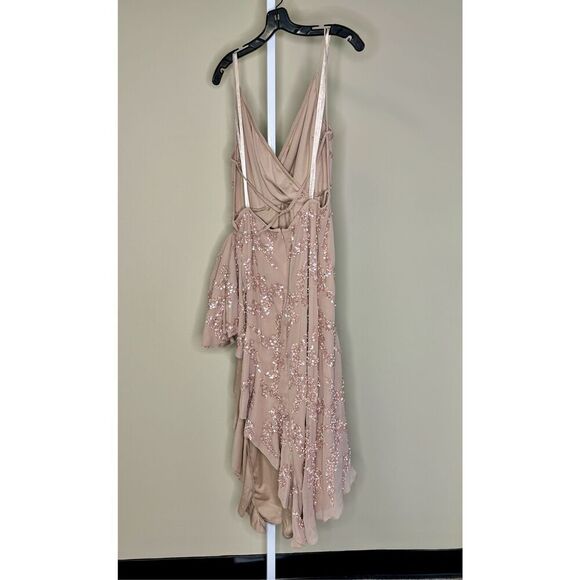 Mac Duggal NWT Sequined Faux Wrap Ruffle Asymmetrical Hem Dress in Mocha Size 14 - Picture 6 of 8